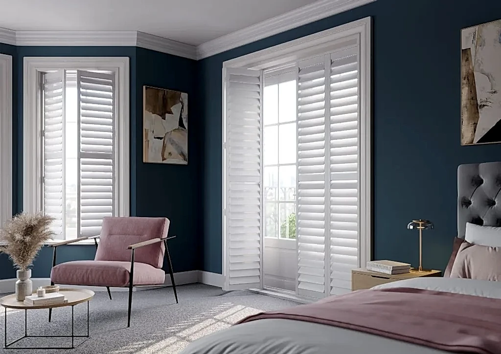 Stunning plantation shutters with hamilton blue walls